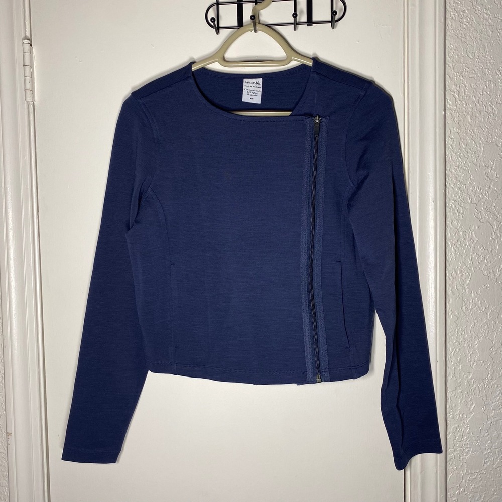 Wool& Wooland Jacket Lou Ponte Merino Wool Crop Moto Navy Blue Womens Size XS